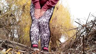 Curvy MILF with fat belly in leggings pissing outdoors - 13 image