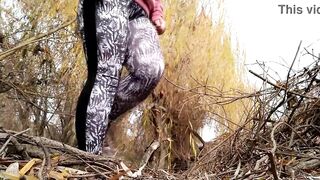 Curvy MILF with fat belly in leggings pissing outdoors - 6 image