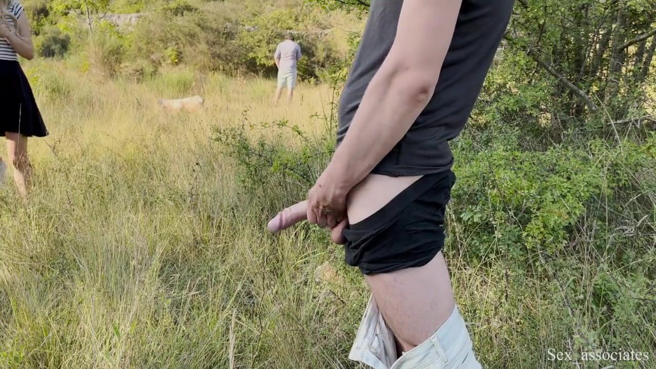 Public dick flash in front of the couple of hikers photo