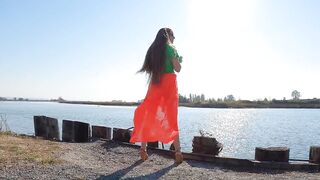 Longpussy, Sheer orange Skirt, Tight green Tee, Heavy Piercings with Lights. Happy Fall! - 6 image