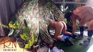 Sex in camp. A stranger fucks a nudist lady in her pussy in a camping in nature. Scene 3 - 1 image