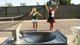 Two teens start lesbian masturbation on tennis court - 6 image