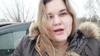 Cum on the face of a titsy cutie near the car - 10 image